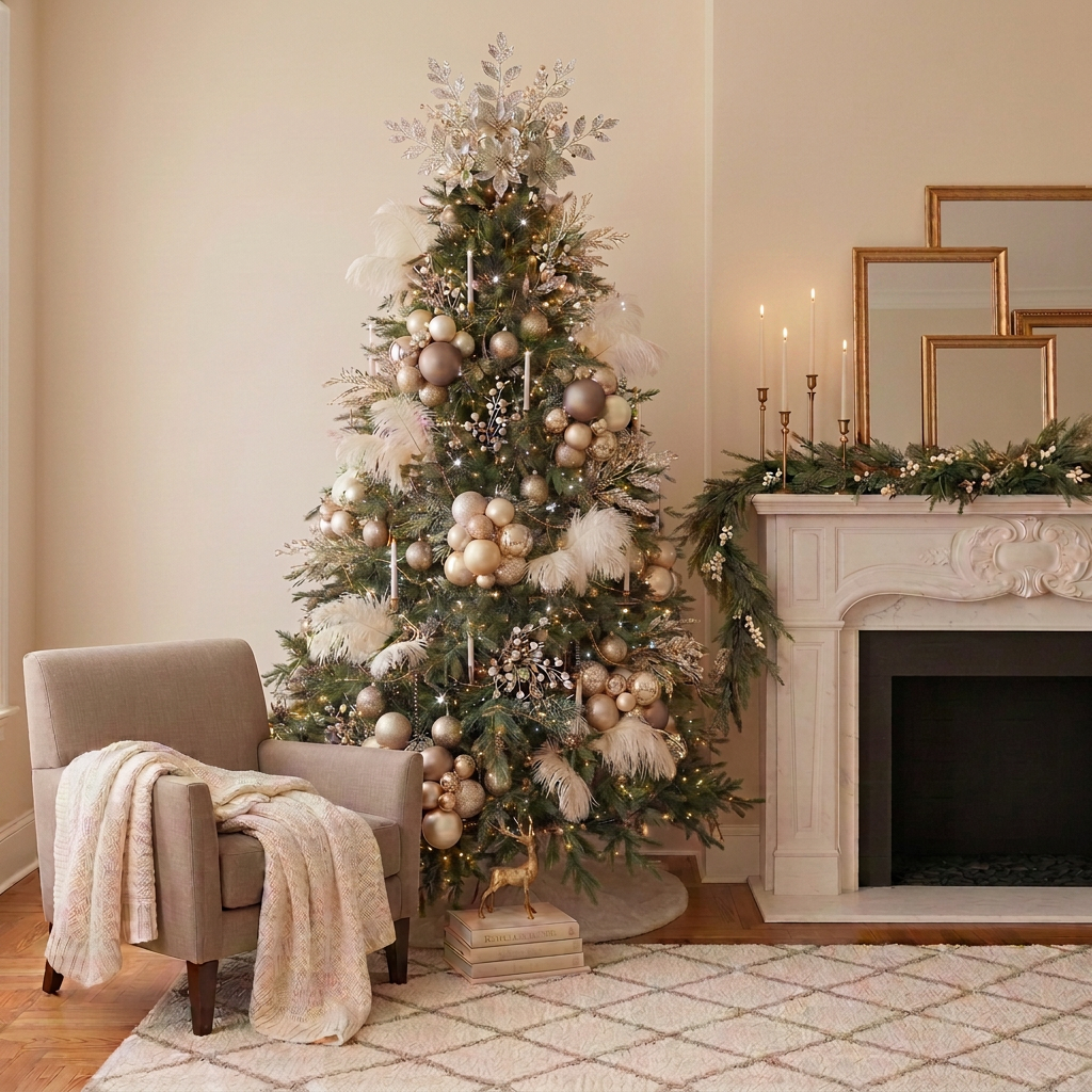 Editorial, high-end holiday styling studio image featuring a sophisticated, fully decorated Christmas tree in a Long Island home, styled as an elegant mantel moment beside the tree. Cream and warm ivory walls, deep evergreen branches, soft taupe neutrals, and muted gold accents. Luxe, refined, calm; nothing cartoony or overly bright. Square crop. Editorial, high-end holiday styling studio image featuring a sophisticated, fully decorated Christmas tree in a Long Island home, styled as an elegant mantel moment beside the tree. Cream and warm ivory walls, deep evergreen branches, soft taupe neutrals, and muted gold accents. Luxe, refined, calm; nothing cartoony or overly bright. Square crop.