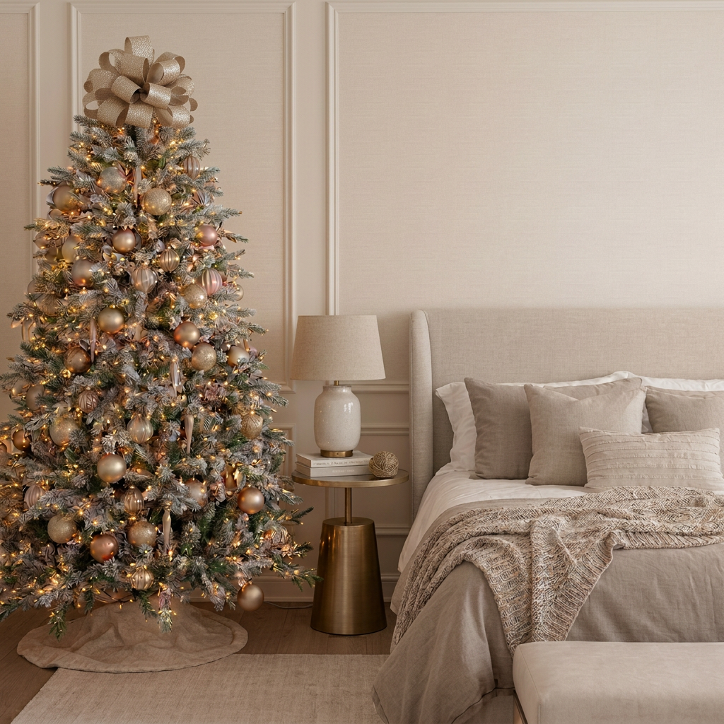 Editorial, high-end holiday styling studio image featuring a sophisticated, fully decorated Christmas tree in a Long Island home, styled as a serene bedroom corner with the tree softly glowing beside the bed. Cream and warm ivory walls, deep evergreen branches, soft taupe neutrals, and muted gold accents. Luxe, refined, calm; nothing cartoony or overly bright. Square crop. Editorial, high-end holiday styling studio image featuring a sophisticated, fully decorated Christmas tree in a Long Island home, styled as a serene bedroom corner with the tree softly glowing beside the bed. Cream and warm ivory walls, deep evergreen branches, soft taupe neutrals, and muted gold accents. Luxe, refined, calm; nothing cartoony or overly bright. Square crop.