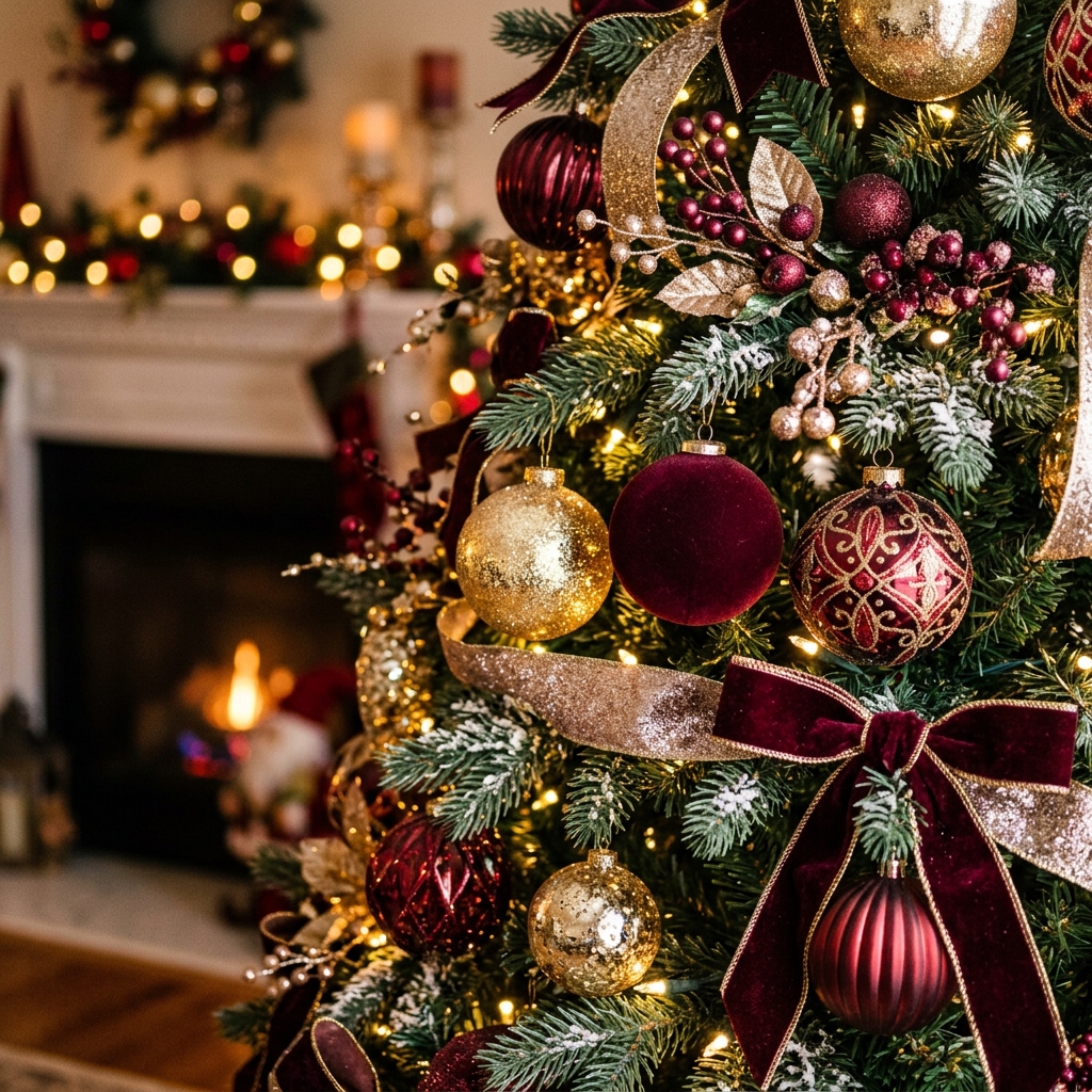 Christmas tree adorned with gold and burgundy baubles, ribbons, and festive lights