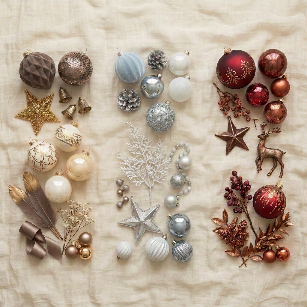 Three boxes with Christmas decorations in gold and ivory, emerald and gold, crimson and bronze color themes