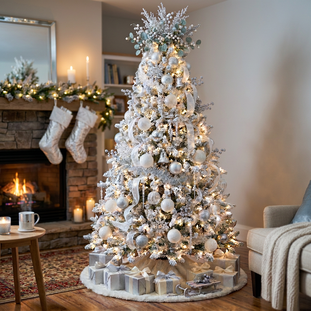 Elegant blue and silver Christmas decor Christmas tree decorated with blue and silver baubles, ribbons, and lights with wrapped presents underneath beside a lit fireplace.