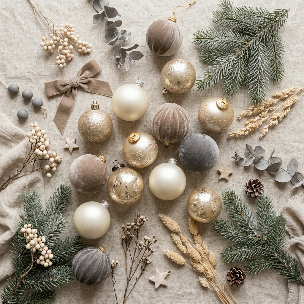 Neutral-toned Christmas baubles, pine branches, dried foliage, and decorative accents on a beige cloth