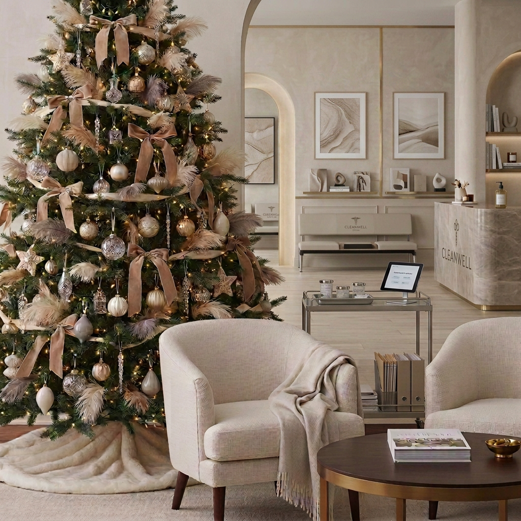 Editorial, high-end holiday styling studio image featuring a sophisticated, fully decorated Christmas tree in a Long Island home, styled as a cocktail-side vignette on a marble-topped bar cart near the tree. Cream and warm ivory walls, deep evergreen branches, soft taupe neutrals, and muted gold accents. Luxe, refined, calm; nothing cartoony or overly bright. Square crop. Editorial, high-end holiday styling studio image featuring a sophisticated, fully decorated Christmas tree in a Long Island home, styled as a cocktail-side vignette on a marble-topped bar cart near the tree. Cream and warm ivory walls, deep evergreen branches, soft taupe neutrals, and muted gold accents. Luxe, refined, calm; nothing cartoony or overly bright. Square crop.