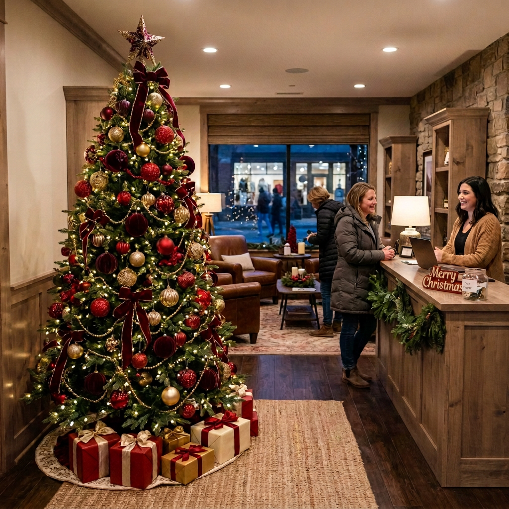 Decorated Christmas tree with wrapped gifts in a hotel lobby, two women talking at reception desk