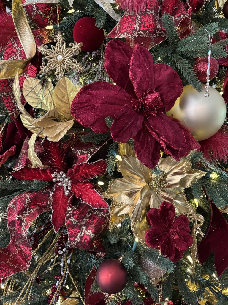 Elegant burgundy and gold Christmas decor